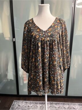 APRICOT Black Floral V-Neck Babydoll Tunic with Mustard Accents